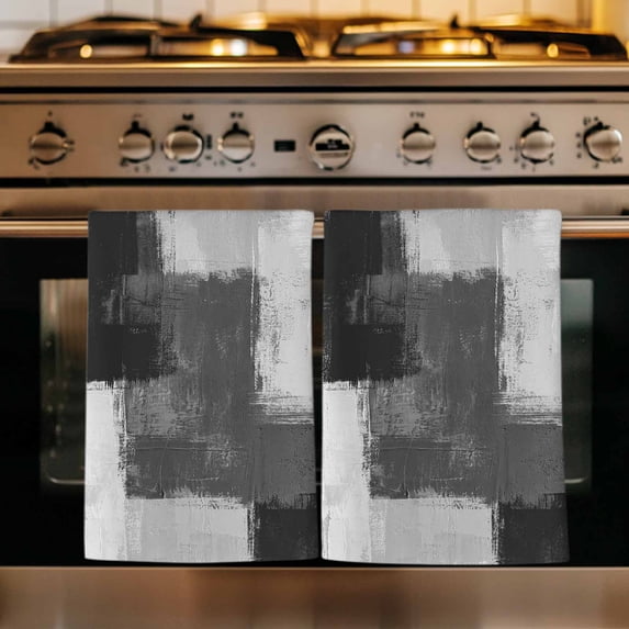 Black Abstract Kitchen Towels Set of 3, Grey Geometric Oil Painting Vintage Ombre Absorbent Dish Towels for Kitchen, Microfiber Hand Towel, Quick Drying Tea Towel for Cleaning Decorative Dishcloths
