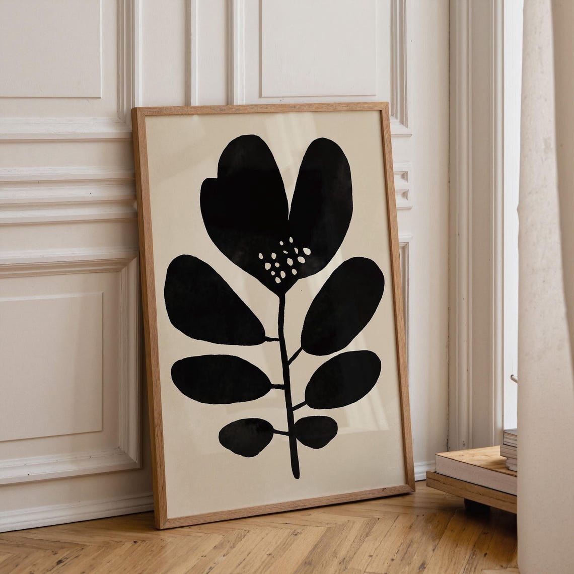 Black Abstract Leaf Botanical Style Wall Art Print, Botanical Bedroom ...