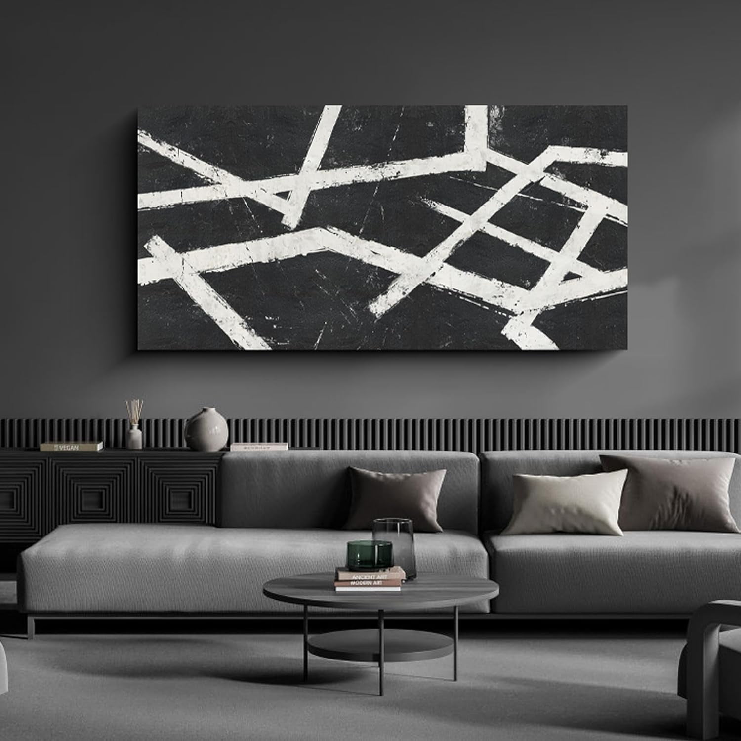 Black Abstract Living Room Canvas Wall Art Modern Black and White ...