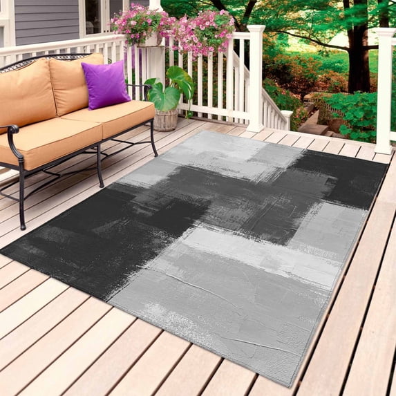 Black Abstract Outdoor Rug 3x5 Ft, Non Slip Washable Area Rug, Grey Geometric Oil Painting Vintage Ombre Patio Rugs Carpet Runner, Large Floor Mat for Indoor/Outdoor Deck Porch Camping
