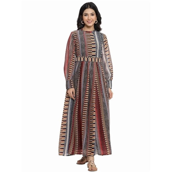 Black Abstract Printed Chiffon Flared Maxi Dress With Buttons.