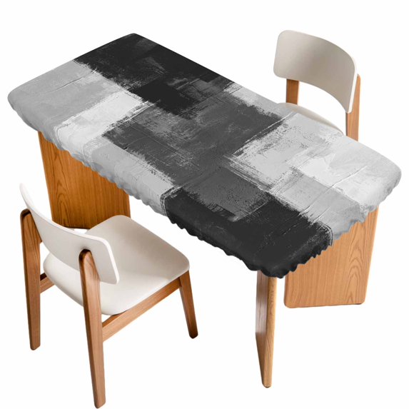 Black Abstract Table Cloths for 6 Foot Rectangle Tables, Grey Geometric Oil Painting Vintage Ombre Patio Waterproof Elastic Fitted Tablecloths, Washable Rectangular Table Cover for Camping