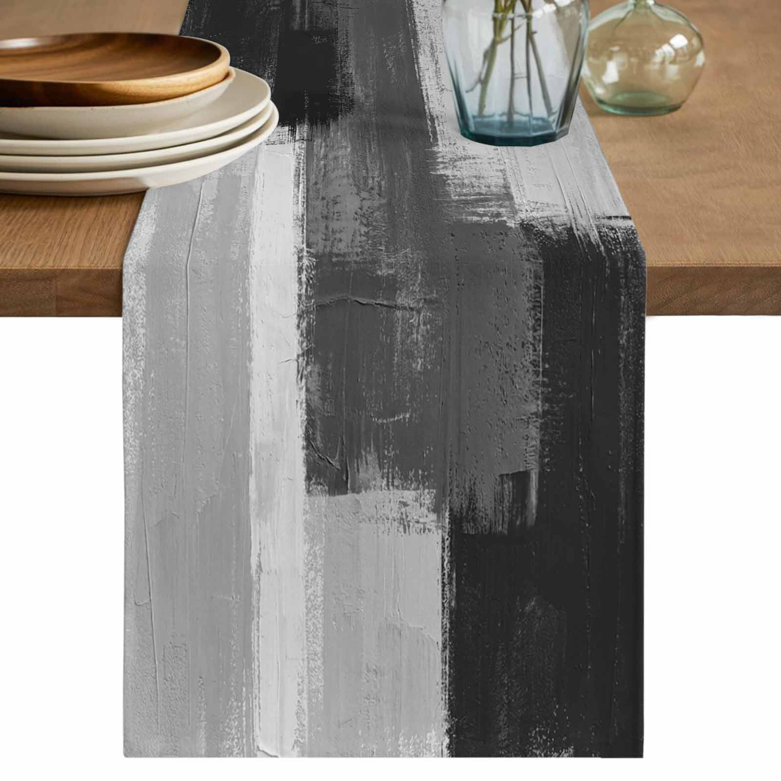 Black Abstract Table Runner 72 Inches, Grey Geometric Oil Painting ...