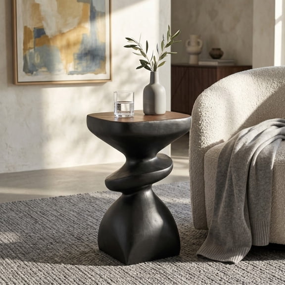 Black Abstract Tiered Side Table, Sculptural Irregular MGO Accent End Table, Pre-Assembled 20.9" Modern Art Side Stool for Living Room, Bedroom, Patio, or Balcony, 76 lbs Capacity, Indoor & Outdoor