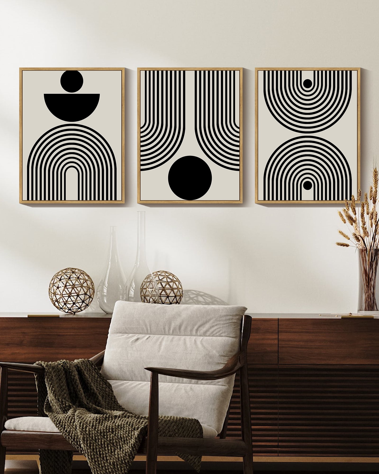 Black Abstract Wall Art 11x14in Natural Framed Geometry Minimalist Sun ...