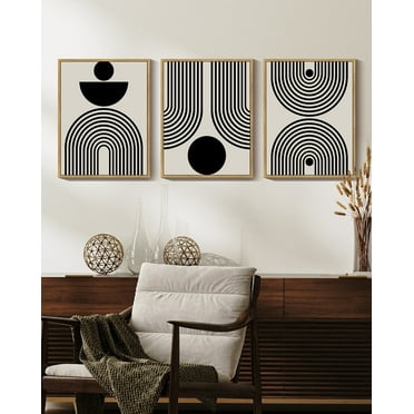 Black Abstract Wall Art 11x14in Natural Framed Geometry Minimalist Sun Lines Framed Canvas Painting Artwork for Office Dining Room Hallway