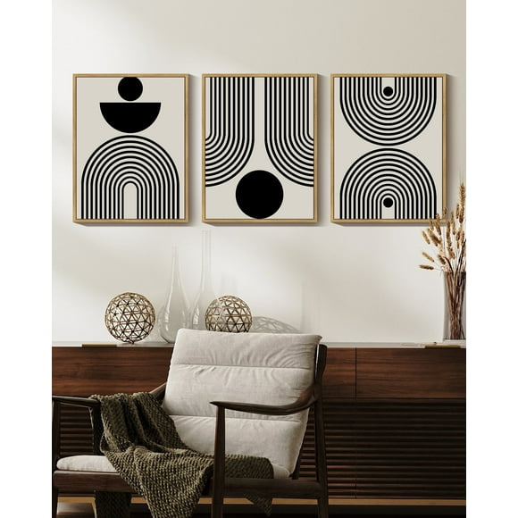 Black Abstract Wall Art 11x14in Natural Framed Geometry Minimalist Sun Lines Framed Canvas Painting Artwork for Office Dining Room Hallway