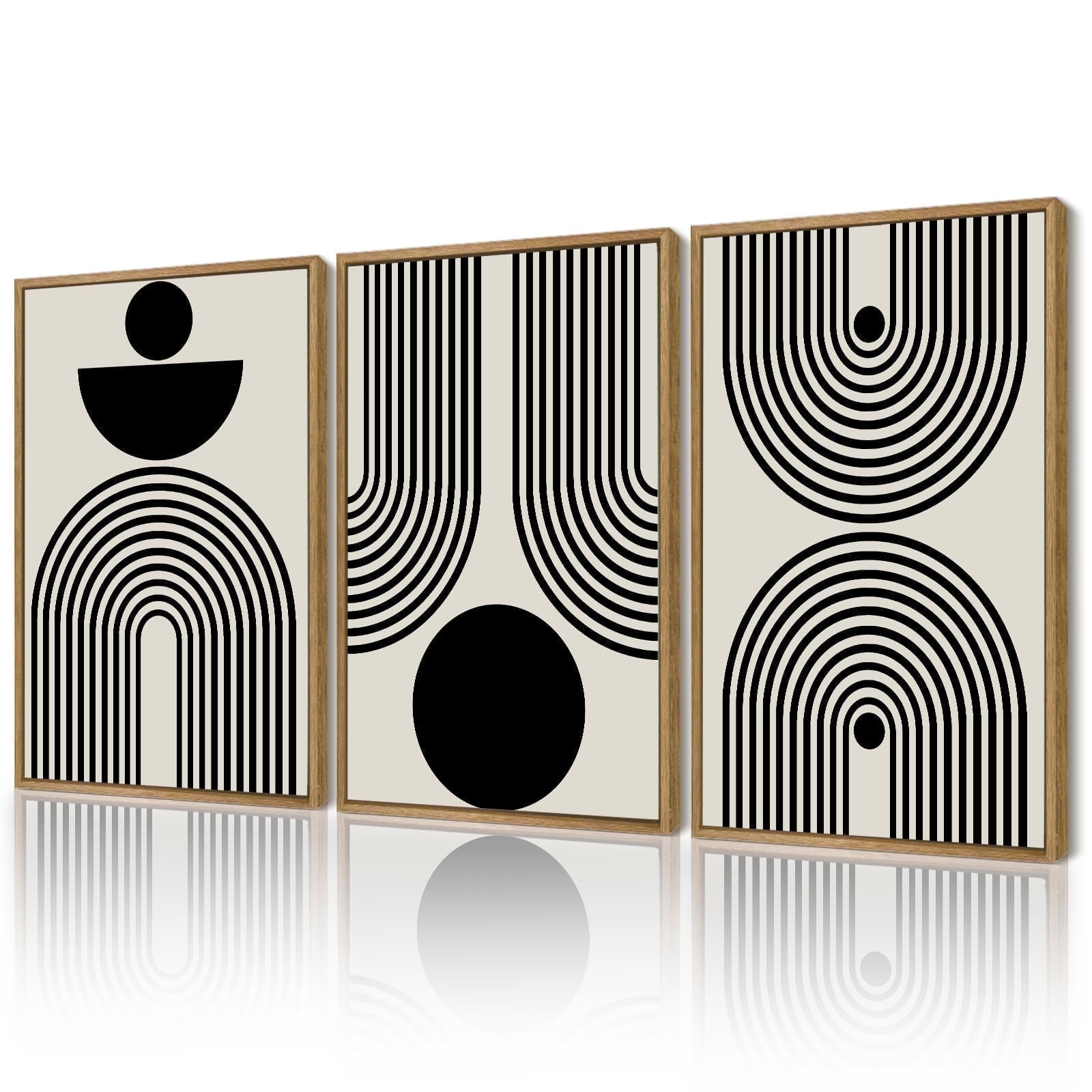 Black Abstract Wall Art Framed Canvas Painting Artwork Geometry Minimalist Sun Lines for Office Dining Room Hallway 24x36in Natural Framed