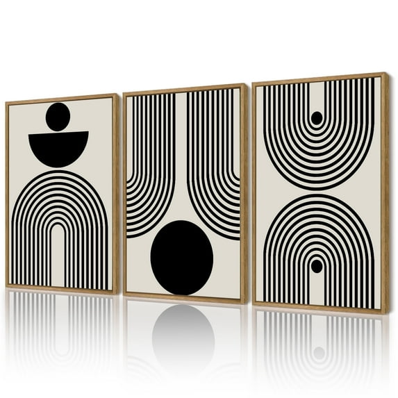 Black Abstract Wall Art Framed Canvas Painting Artwork Geometry Minimalist Sun Lines for Office Dining Room Hallway 24x36in Natural Framed