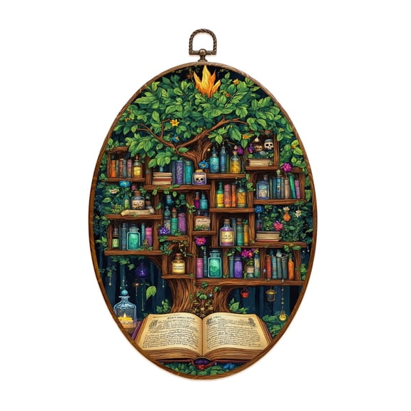 Black Academia Canvas Wall Art Magic Bookshelf Library Witchy Potion Hippie Gothic Moon Halloween Oval Framed Canvas Prints Vintage Wall Hanging Decor for Dorm Home Office 8.6"x11.4"