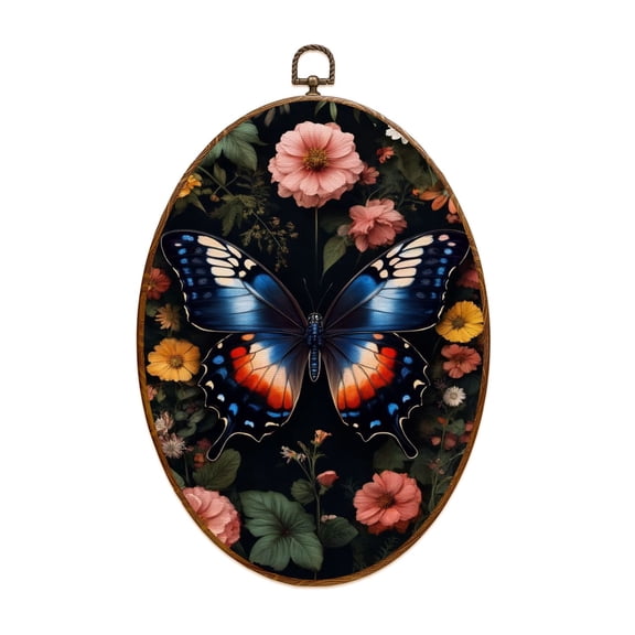 Black Academia Canvas Wall Art Vintage Gothic Floral Dark Academia Flower Butterfly Flowers Leaves Oval Framed Canvas Prints Vintage Wall Hanging Decor for Dorm Home Office 8.6"x11.4"