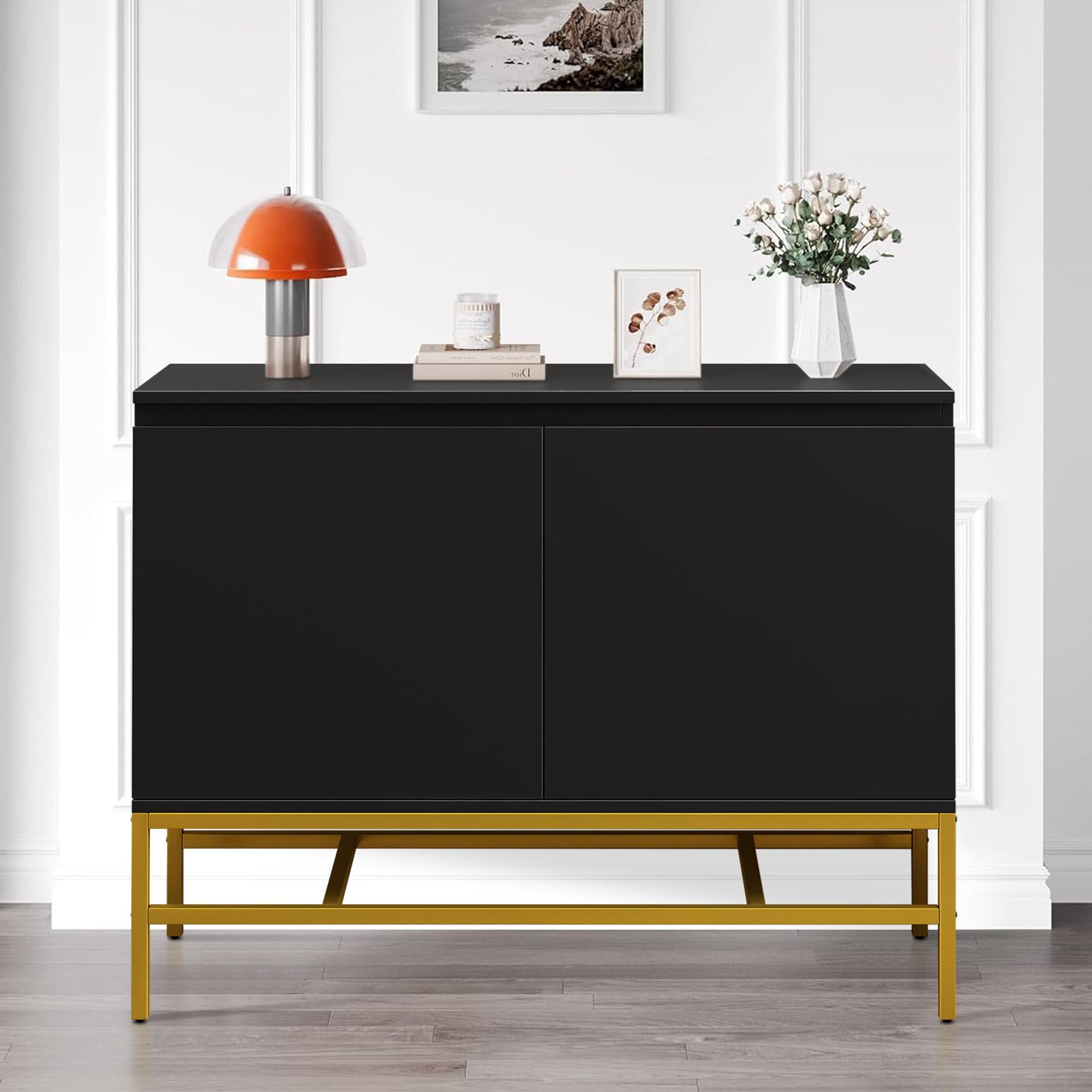 Black Accent with 2 Doors and Gold Metal Legs, FURNINEST Buffet