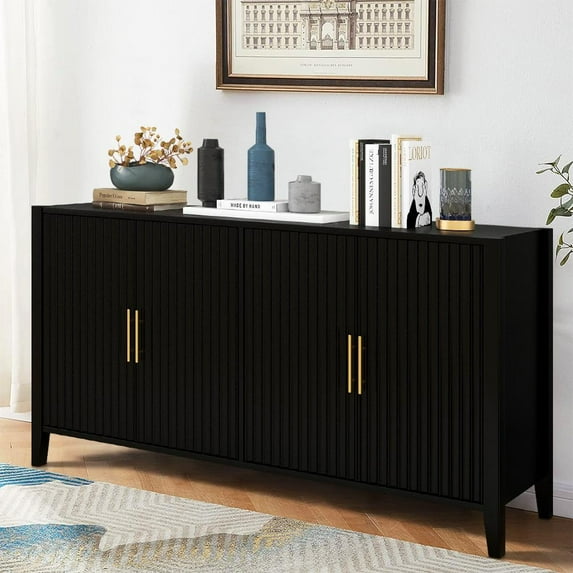 Black Accent Cabinet, Atumon Storage Cabinet Furniture, Modern Buffet Sideboard, Wooden Accent Cabinet with 4 Doors, Accent Storage Cabinet for Entryway Hallway Living Room, 63.1"L x 17.7"W x 31.9"H