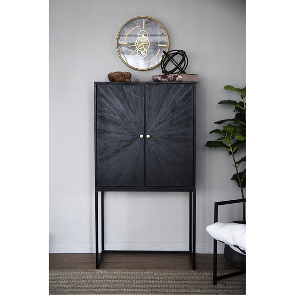Black Accent Cabinet | Ideal for Storage and Display in Living Spaces | Made of Acacia Wood, Iron and MDF | Complements Various Interior Styles