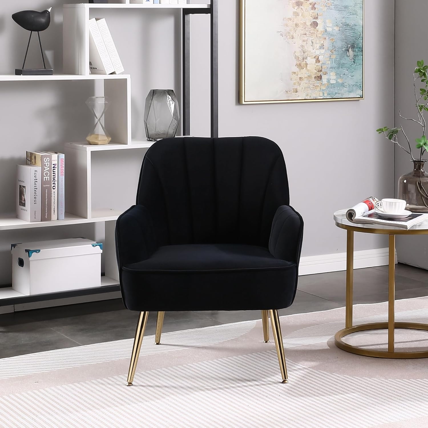 Black Accent Chair with Gold Metal Legs Reading Chair Velvet Vanity