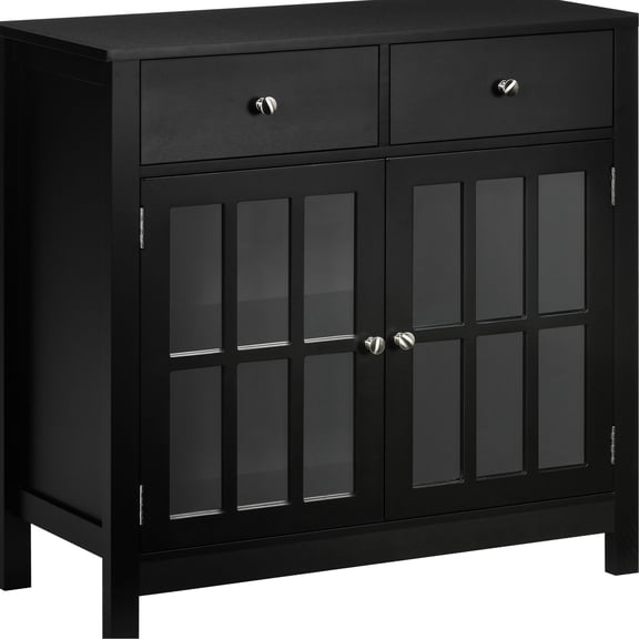 Black Accent Kitchen Cabinet with Glass Doors and Drawers / Provide Large Storage for Kitchen Essentials