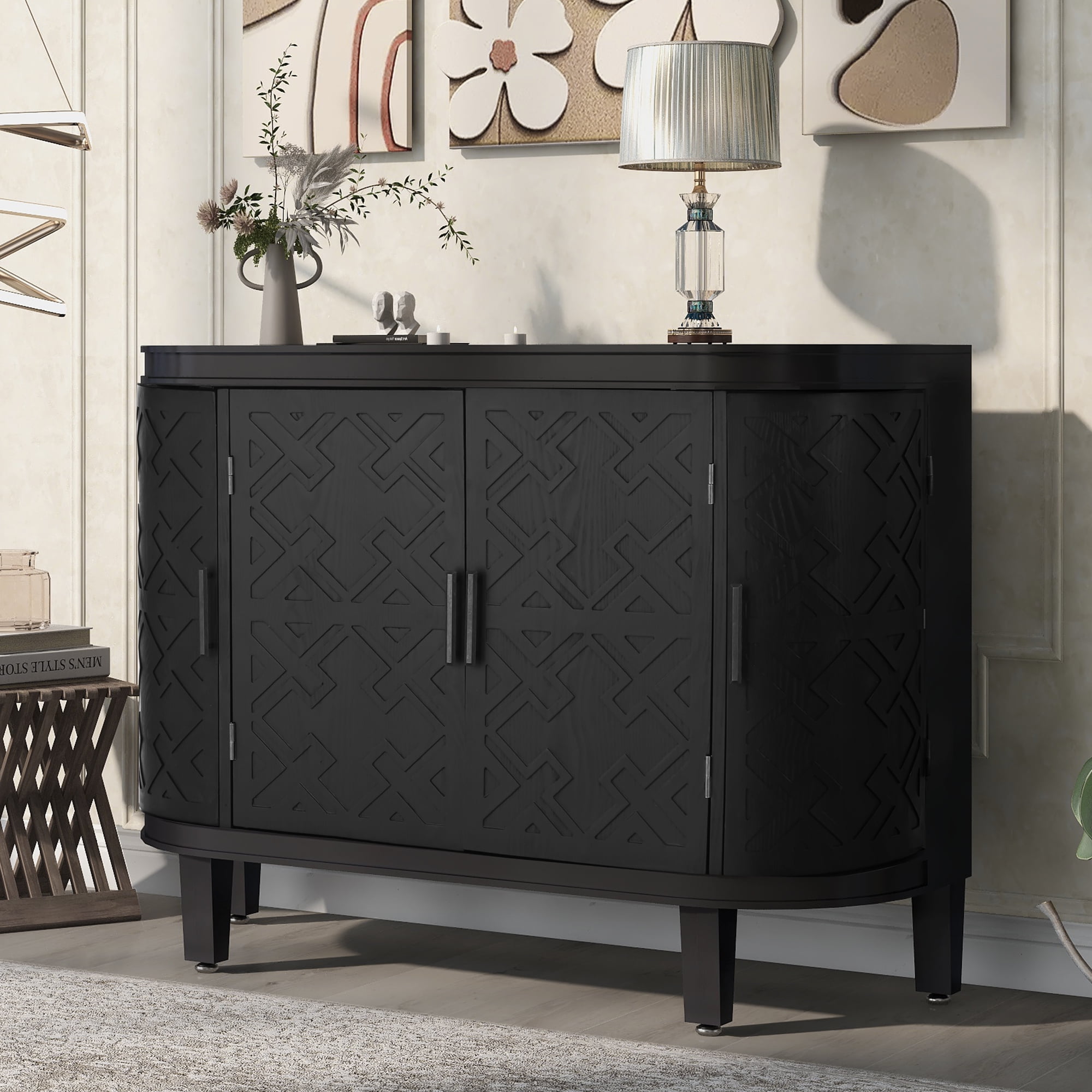 Black Curved Corner Wooden Sideboard with Antique Pattern Doors