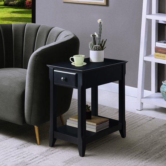 Black Accent Table With Drawer - Ideal For Compact Spaces Bottom Shelf Wood Build Dorm Rooms