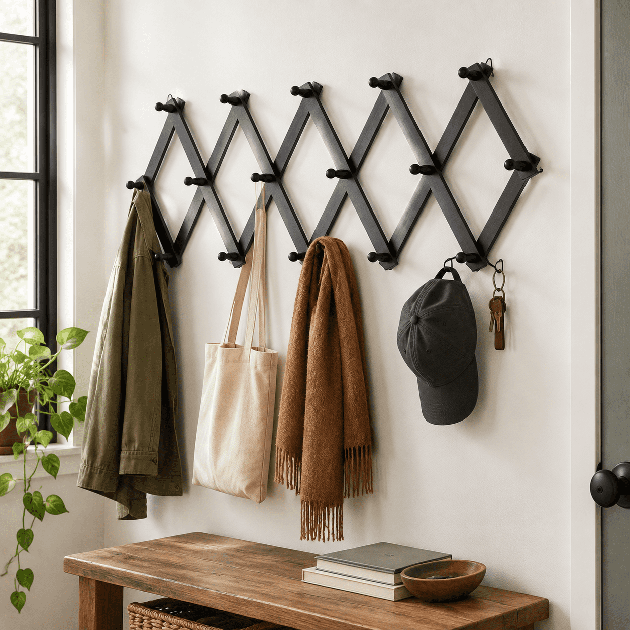 Coat Riac Black Accordion Wall Mount Coat Rack With 16 Hooks For Hats And Storage ...
