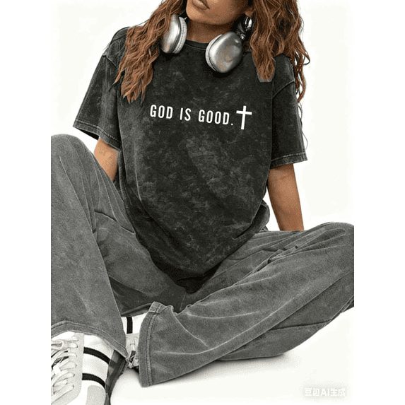Black Acid Washed Print Tshirt Graphic Tees Shirts God Is Good Christian Cross Church Worship Gift Women Short Sleeve S-2XL Tops