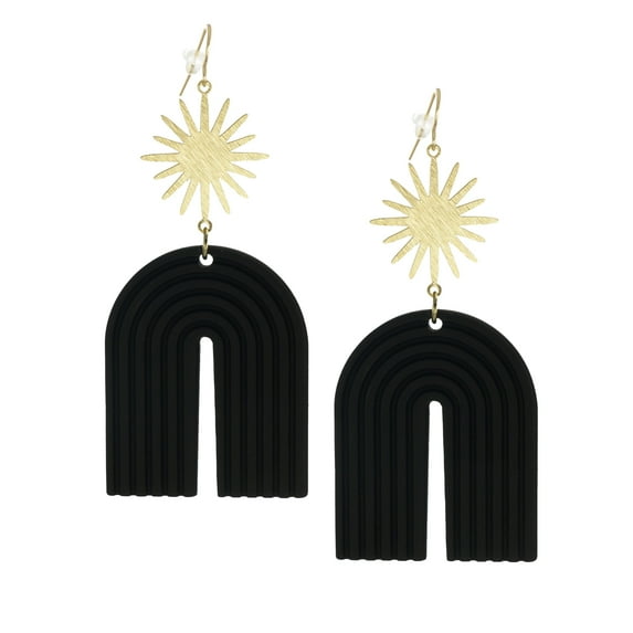 Black Acrylic & Celestial Sun Star Boho Statement Earrings, Hypoallergenic Ear Wires, Gold Star