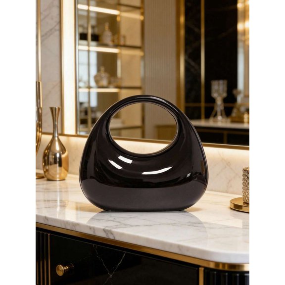 Black Acrylic Crescent Moon Handbag, Evening Clutch With Cut-Out Handle