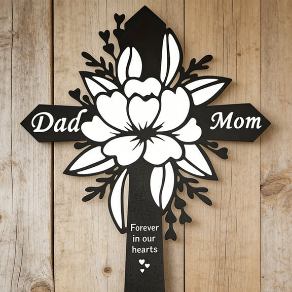 Black Acrylic Floral Cross Memorial Stake - Sympathy Tribute for Parents' Gravesite