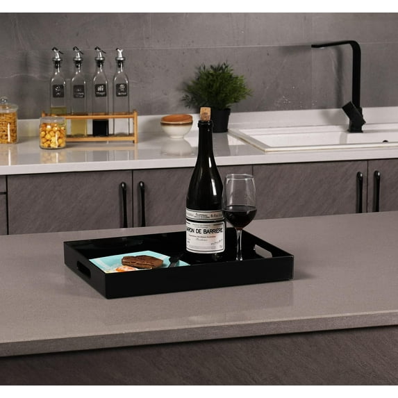 Black Acrylic Serving Tray with Handles, 16" x 12" Decorative Tray for Breakfast, Tea, Coffee, Food, Vanity, Countertop
