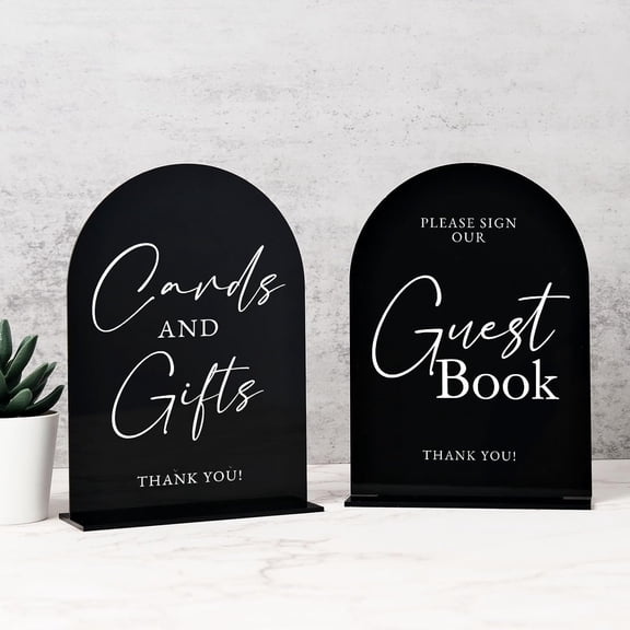 Black Acrylic Wedding Signs for Reception, 5"x7" Black Arched Acrylic Table Sign and Base | Cards and Gifts | Guest Book | Modern Font TableTop Reception Sign for Wedding & Party Event