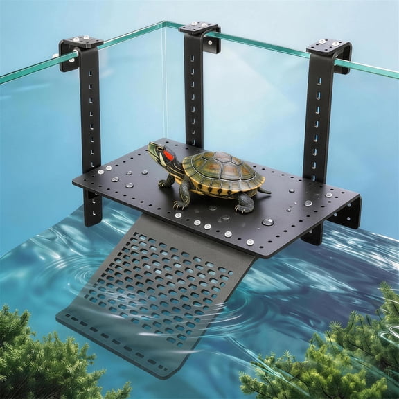 Black Acrylic turtle basking platform – Hanging turtle dock with turtle ramp for turtle platform for aquarium Setups, Fits 0.3"–2" Thick Rim, Large Basking Zone 12 x 7 Inch
