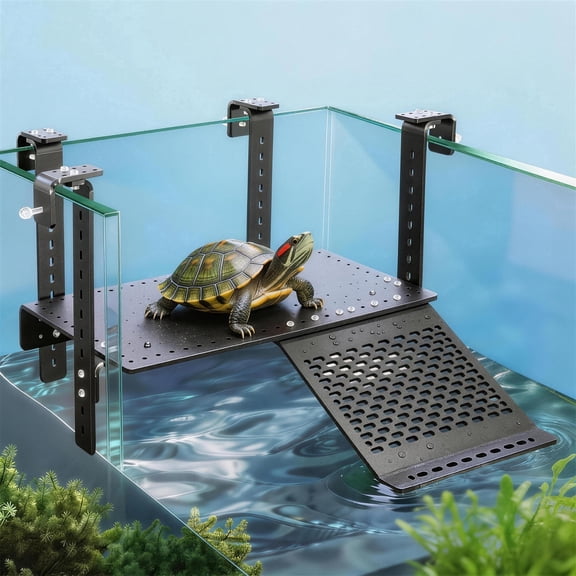 Black Acrylic turtle basking platform – Hanging turtle dock with turtle ramp for turtle platform for aquarium Setups, Fits 0.3"–2" Thick Rim, Large Basking Zone 14 x 8 Inch
