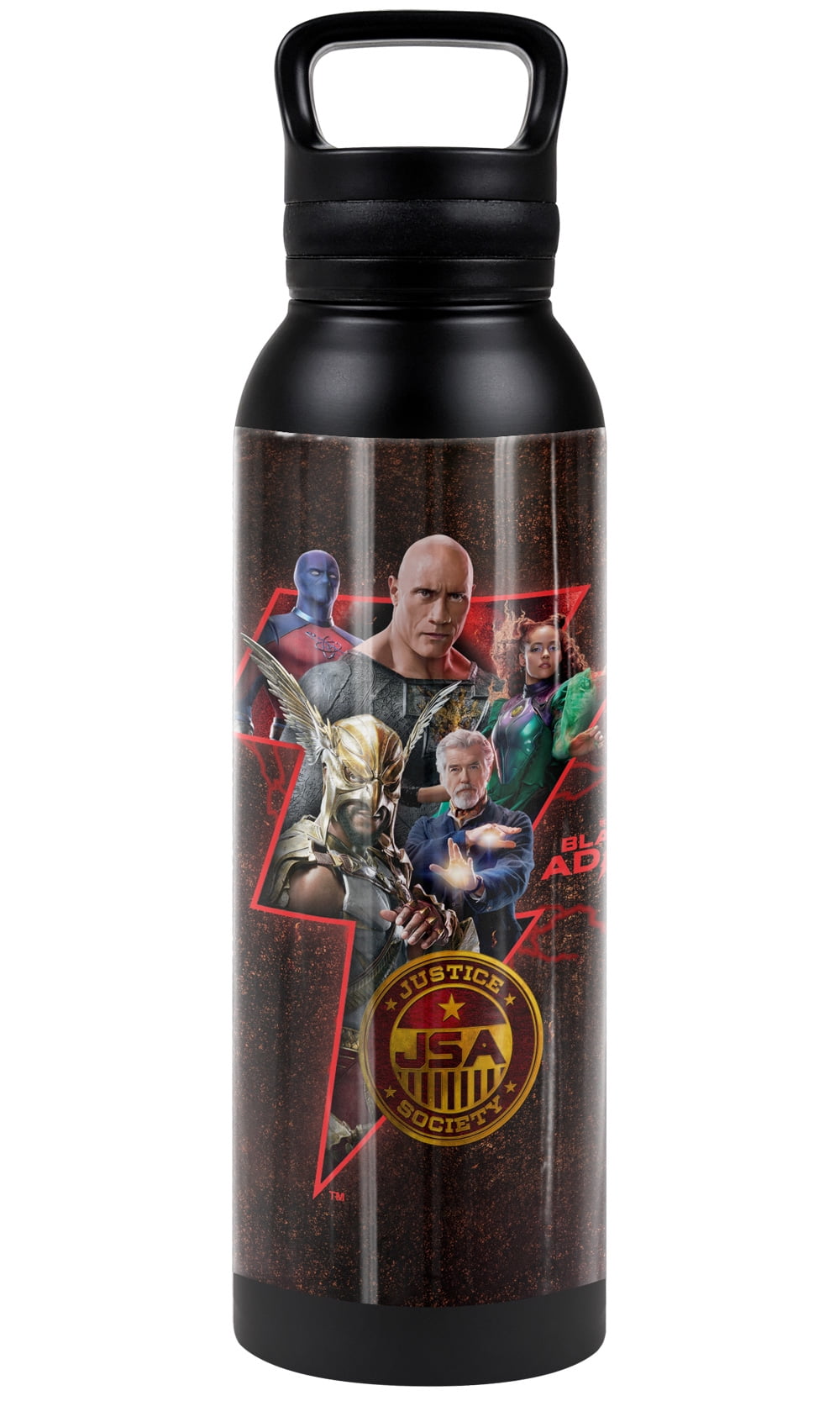 Black Adam Official Character Bolt Black 24 oz Insulated Canteen Water Bottle, Leak Resistant, Vacuum Insulated Stainless Steel with Loop Cap