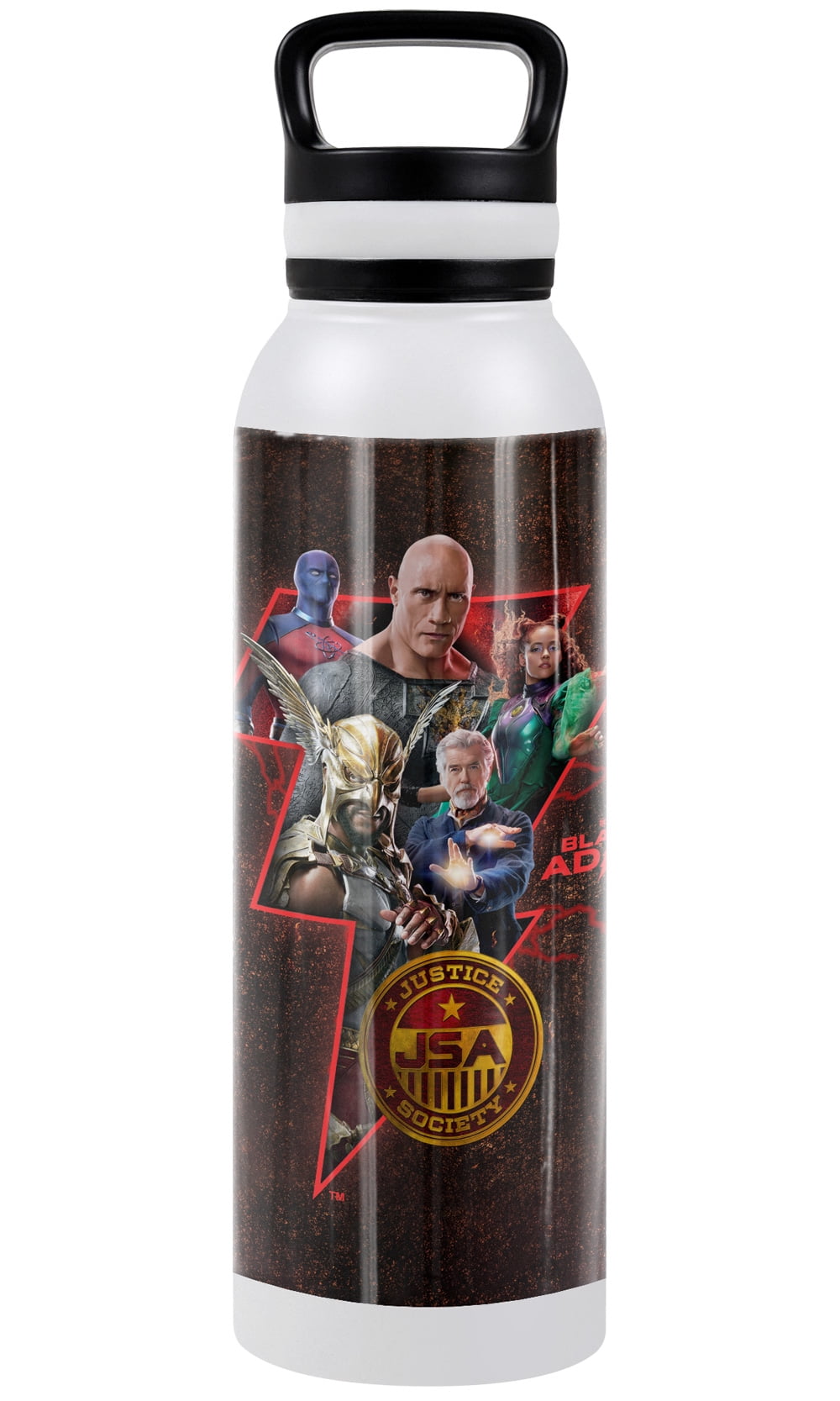 Black Adam Official Character Bolt White 24 oz Insulated Canteen Water Bottle, Leak Resistant, Vacuum Insulated Stainless Steel with Loop Cap