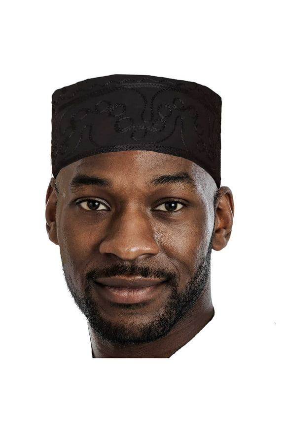 Black Adebo African Kufi Hat with Black Embroidery