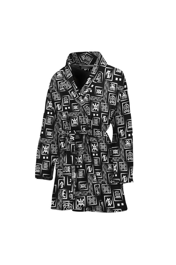 Black Adinkra Symbols Pattern Women Bathrobe One Size Univeral Fits Fashion Lightweight Plush Fleece Long Robe For Women
