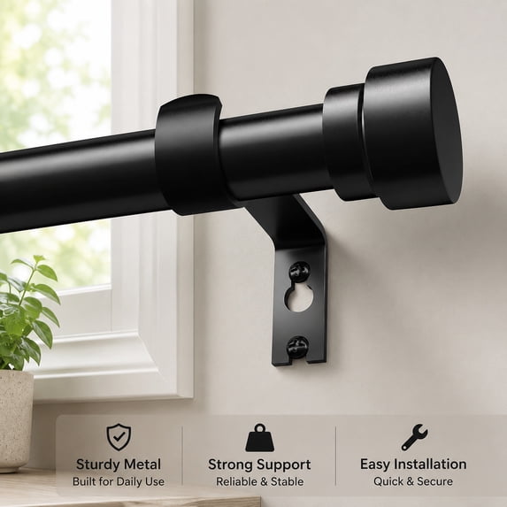 Finials Black Adjustable Curtain Rod 72 to 144 Inch, 1 Inch Diameter Heavy Duty ...