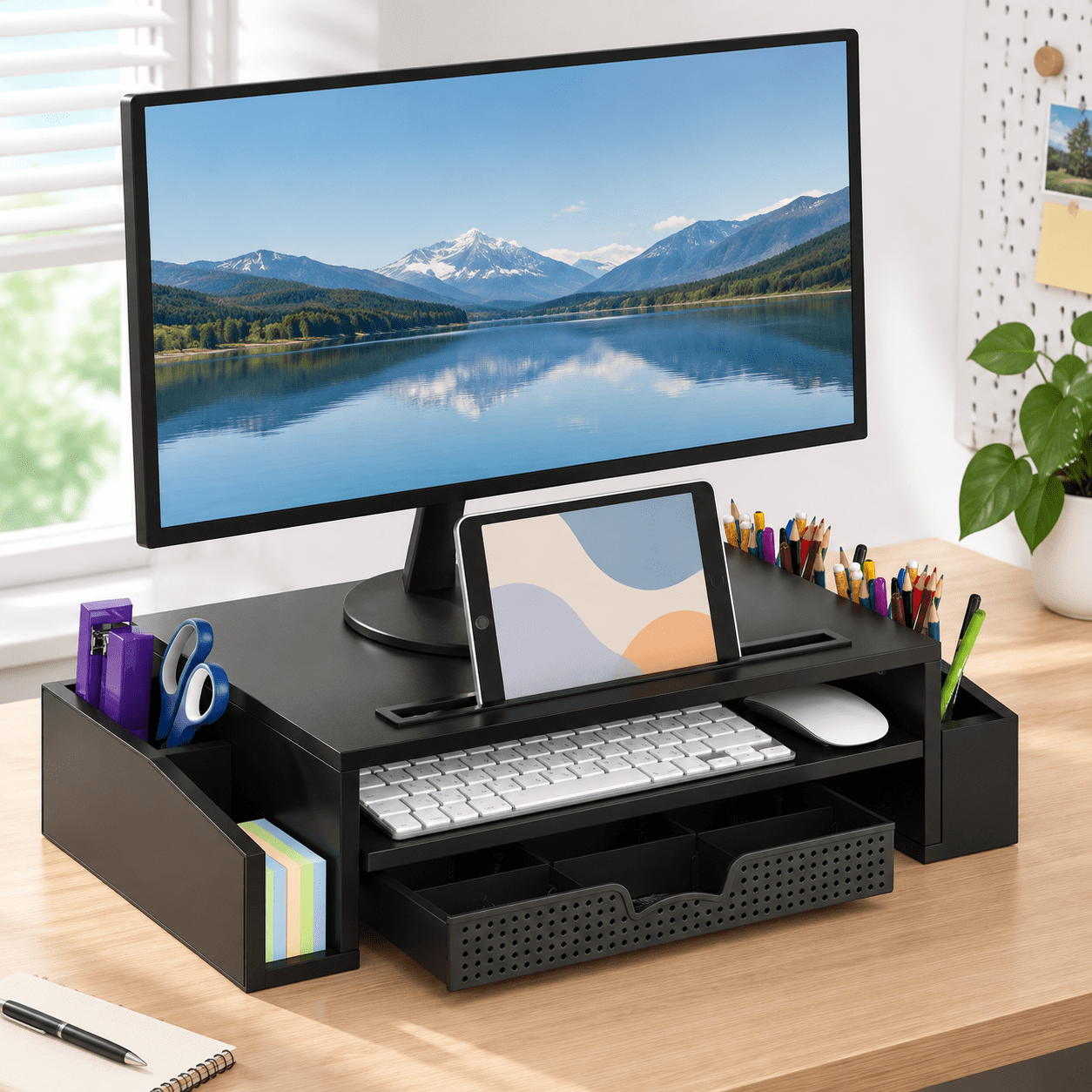 Desk Monitor Rack Black Adjustable Desk Monitor Stand Riser with Storage Tray and ...
