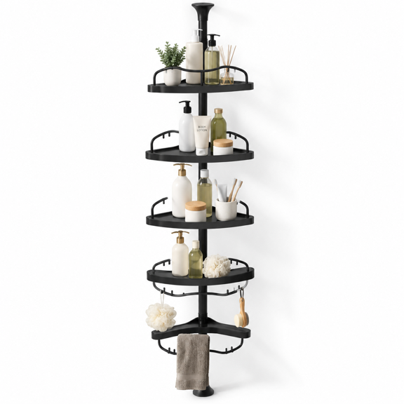 Black Adjustable Floor to Ceiling Corner Shower Organizer with 4 Shelves