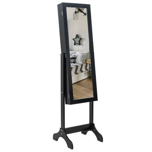 Black Adjustable Full Length Mirror Wooden Floor Standing 4Layer Shelf