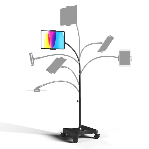 Black Adjustable Height Floor Tablet and Phone Stand with Wheels, 4-13 Inch Device Compatibility