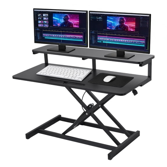 Black Adjustable Height Standing Desk Converter With Dual Monitor Riser