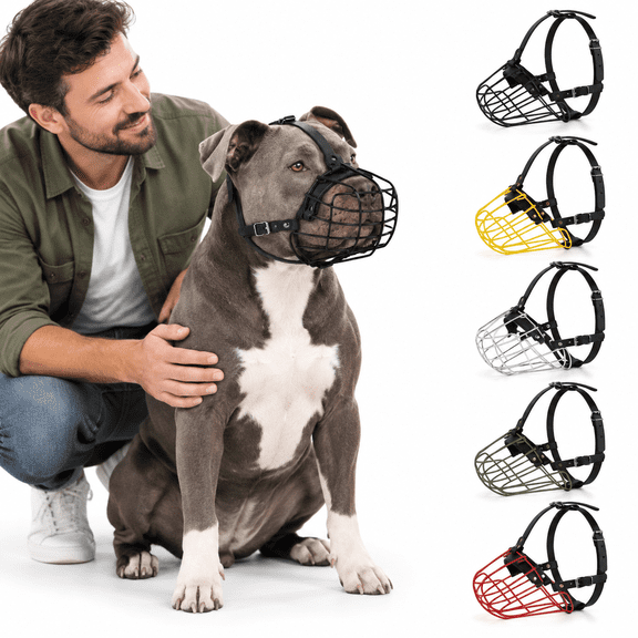 Black Adjustable Leather Strap Metal Basket Pitbull Dog Muzzle for Large Dogs