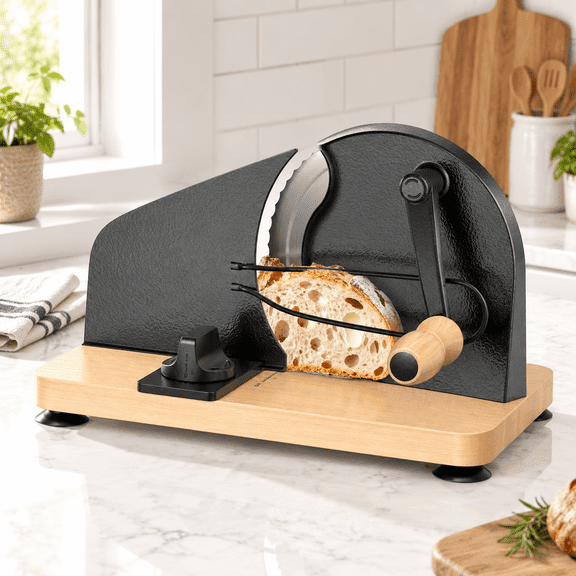 Black Adjustable Manual Bread Slicer with Stainless Steel Guide and Suction Base
