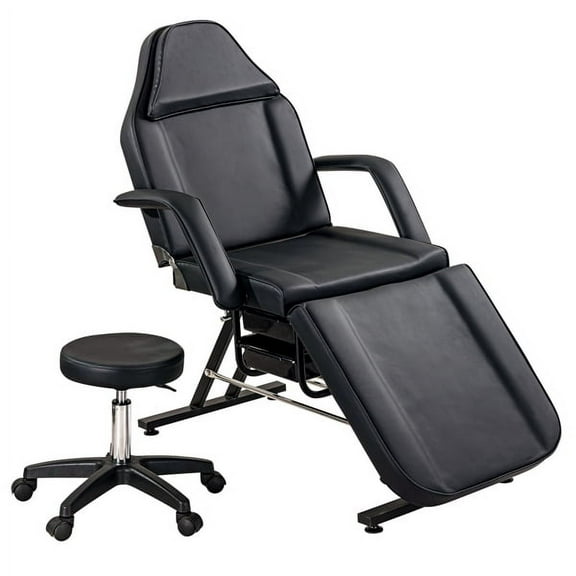 Black Adjustable Massage & Tattoo Chair with Hydraulic Stool - 3-Section Facial Bed, 2 Trays, Spa & Salon Beauty Equipment