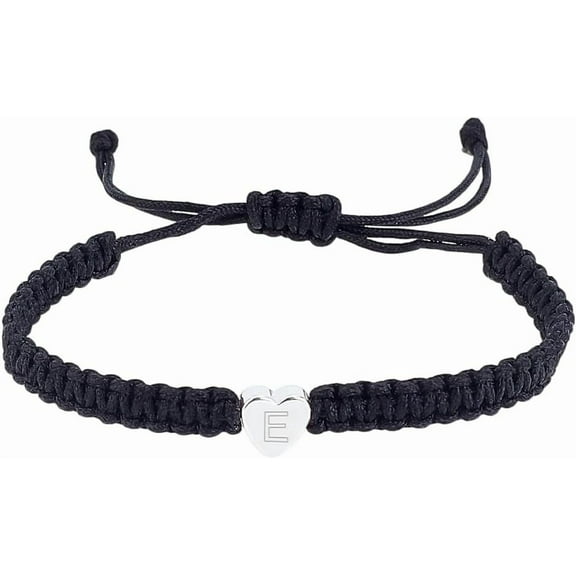 Black Adjustable Nylon Cord Slider Bracelet Dainty Initial Charm Bracelet for Women Silver 304 Stainless Steel Heart with Letter A-Z Bracelet Trendy Handmade Initial Bracelet for Daily Wear