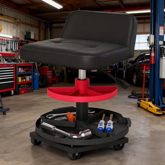 Black Adjustable Rolling Mechanic Stool with Tool Trays - 300lb Capacity Garage Work Chair, Steel & PU Construction, 21.5"-26.2" Height, Ideal for Workshops & Auto Repair