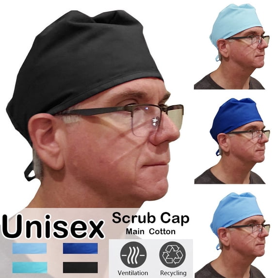 Black Adjustable Scrub Cap with Button Non-woven Breathable Adjustable and Sweatband Comfortable Scrub Cap for Women Men One Size