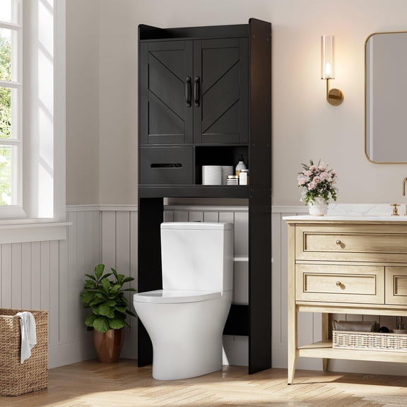 Black Adjustable Shelf Over-the-Toilet Bathroom Storage Cabinet