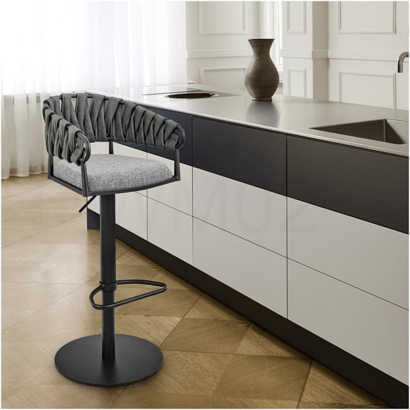 Black Adjustable Swivel Bar Stool with Gray Fabric Seat, 360 Rotation & Footrest for Kitchen Island, Counter Height
