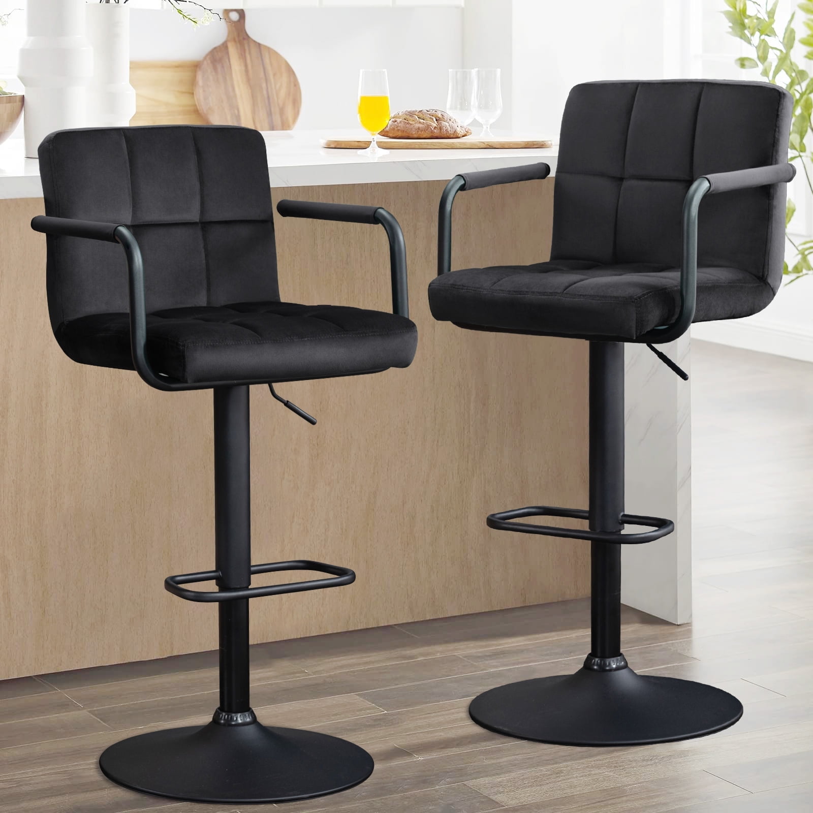 Black Adjustable Swivel Barstools with Faux Leather Upholstery, Set of 2